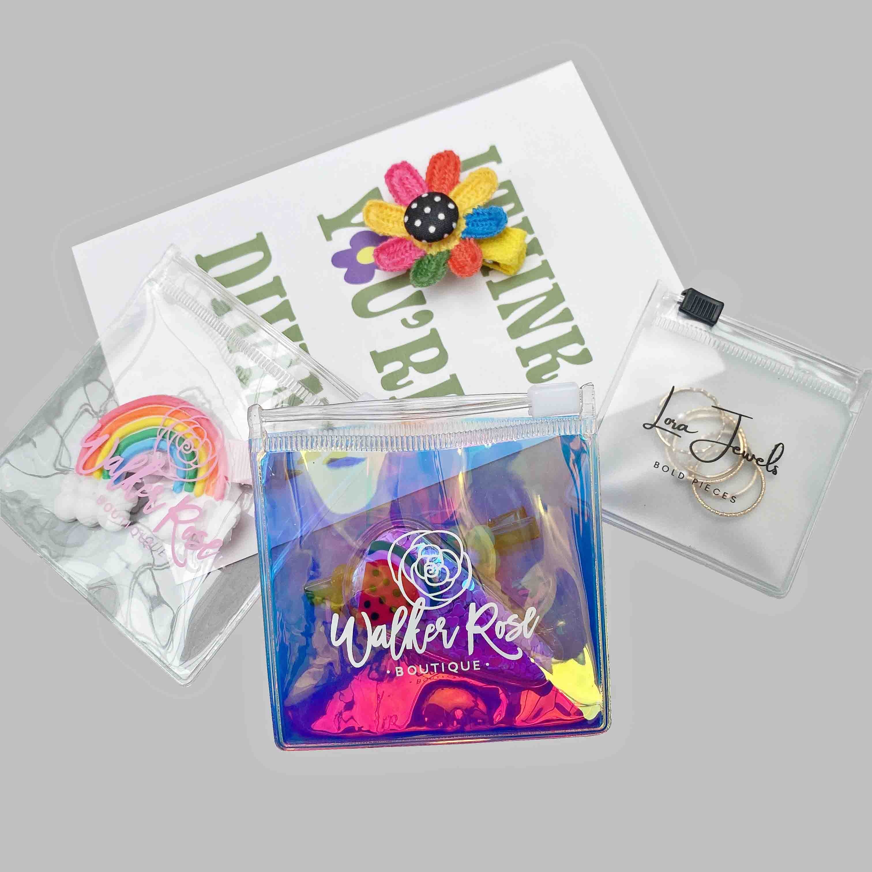 Colored laser holographic Mylar custom logos Cosmetic zip lock Jewelry packaging bags Pouch