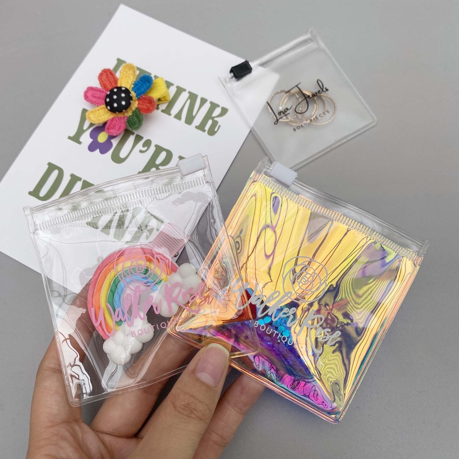 Colored laser holographic Mylar custom logos Cosmetic zip lock Jewelry packaging bags Pouch