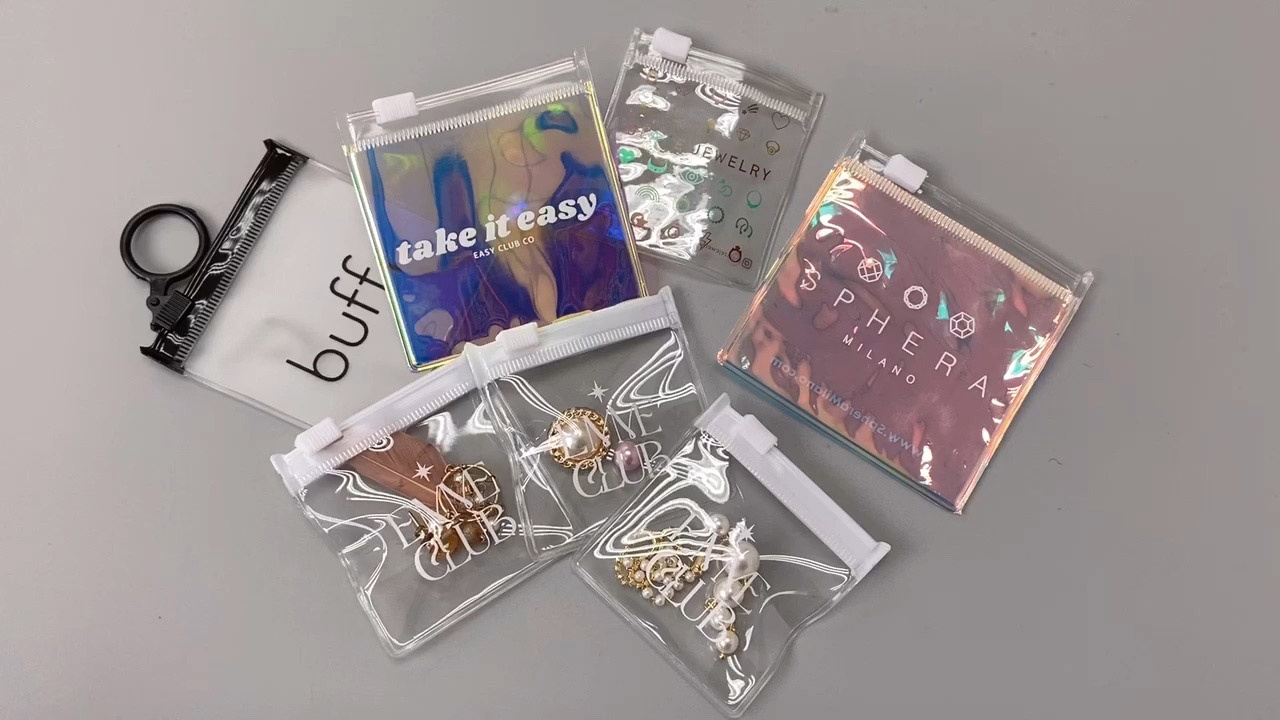Colored laser holographic Mylar custom logos Cosmetic zip lock Jewelry packaging bags Pouch