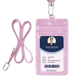 Premium PU leather working badge ID card holder with neck strap lanyard